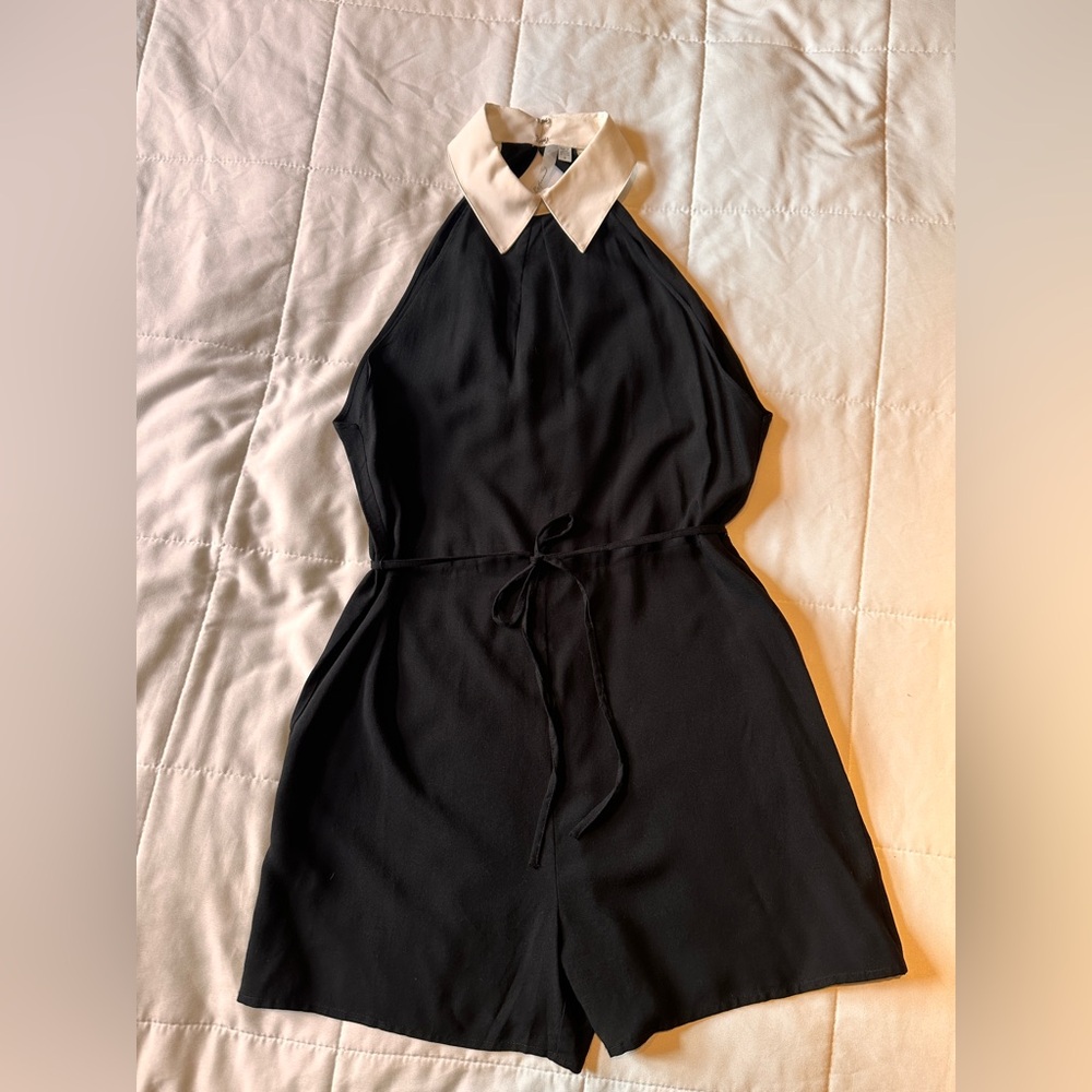 Chic Black Halter Romper with White Collar & open back.